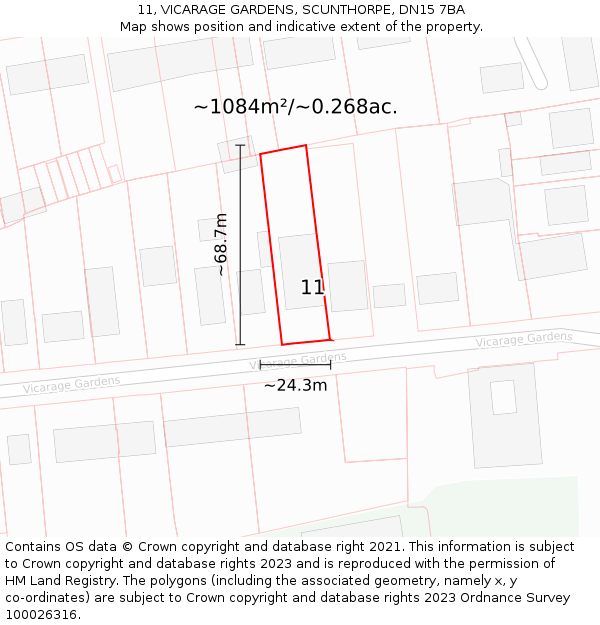 11, VICARAGE GARDENS, SCUNTHORPE, DN15 7BA: Plot and title map