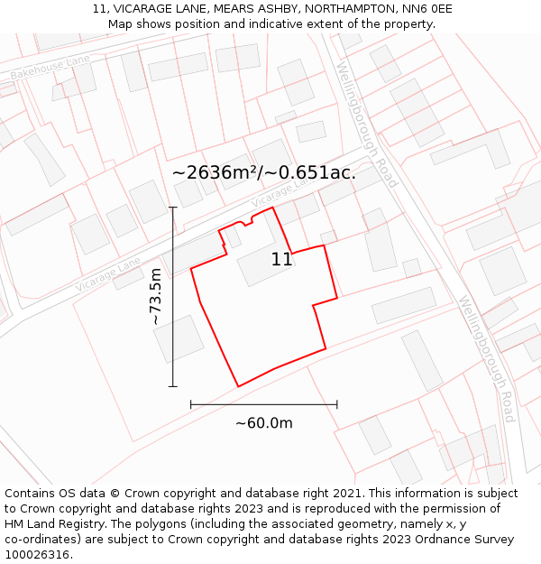 11, VICARAGE LANE, MEARS ASHBY, NORTHAMPTON, NN6 0EE: Plot and title map