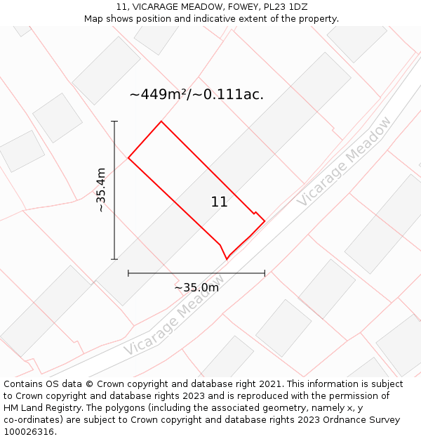 11, VICARAGE MEADOW, FOWEY, PL23 1DZ: Plot and title map