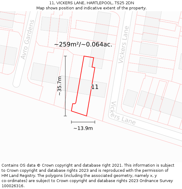 11, VICKERS LANE, HARTLEPOOL, TS25 2DN: Plot and title map
