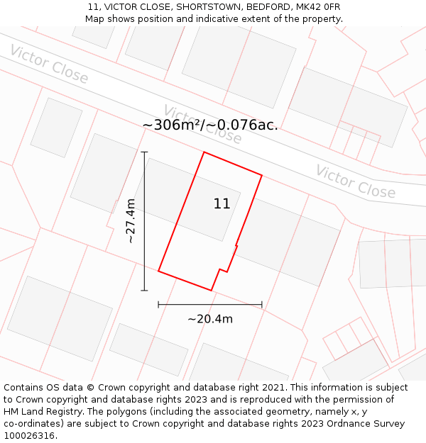 11, VICTOR CLOSE, SHORTSTOWN, BEDFORD, MK42 0FR: Plot and title map