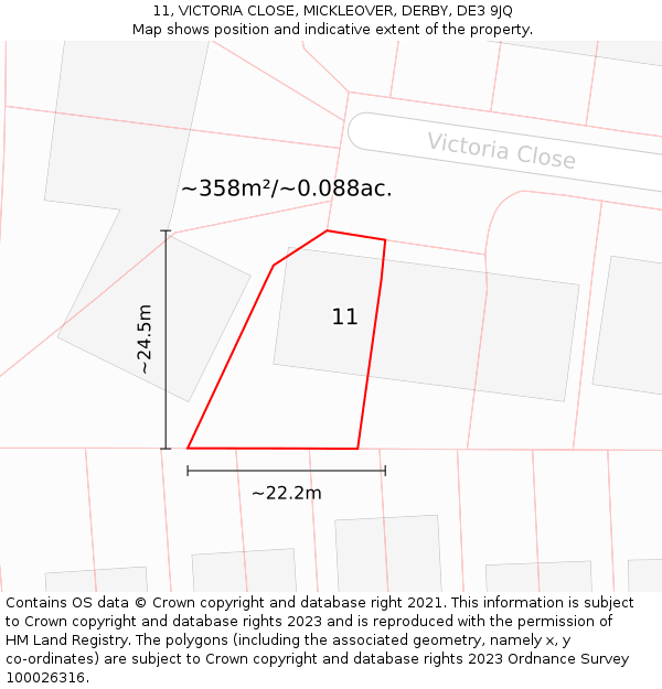 11, VICTORIA CLOSE, MICKLEOVER, DERBY, DE3 9JQ: Plot and title map