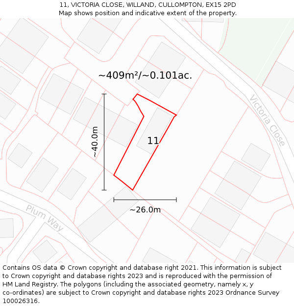 11, VICTORIA CLOSE, WILLAND, CULLOMPTON, EX15 2PD: Plot and title map