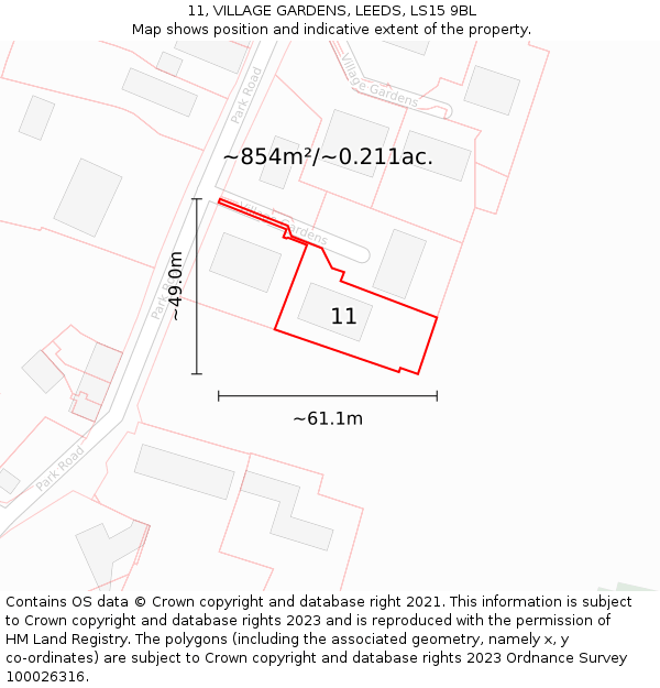 11, VILLAGE GARDENS, LEEDS, LS15 9BL: Plot and title map