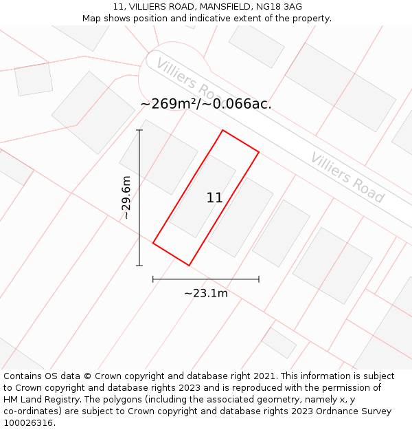 11, VILLIERS ROAD, MANSFIELD, NG18 3AG: Plot and title map