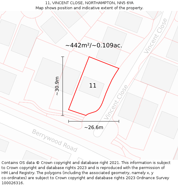 11, VINCENT CLOSE, NORTHAMPTON, NN5 6YA: Plot and title map