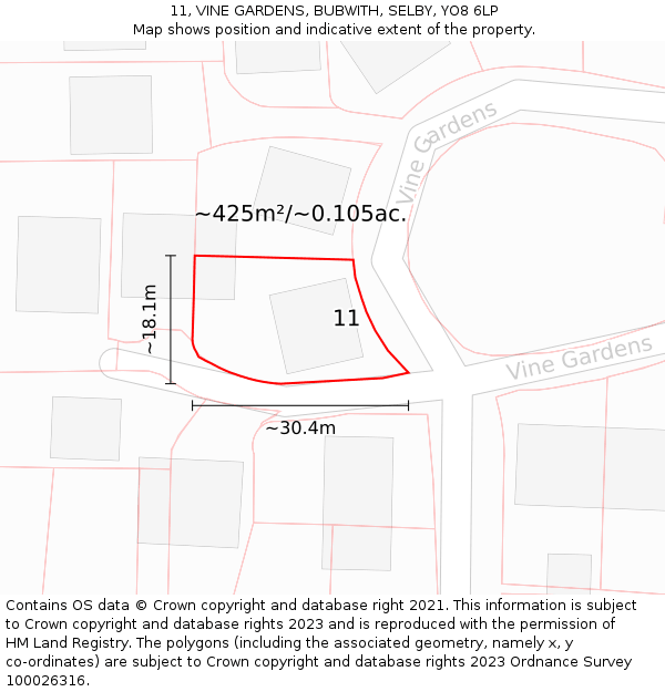 11, VINE GARDENS, BUBWITH, SELBY, YO8 6LP: Plot and title map