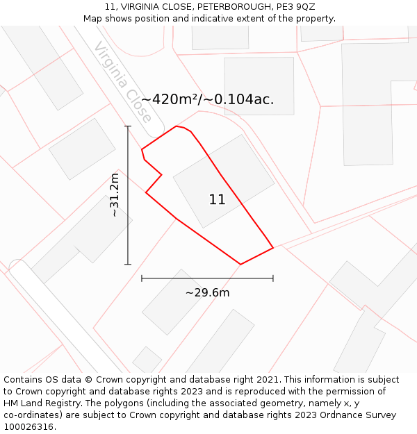 11, VIRGINIA CLOSE, PETERBOROUGH, PE3 9QZ: Plot and title map