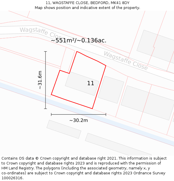 11, WAGSTAFFE CLOSE, BEDFORD, MK41 8DY: Plot and title map