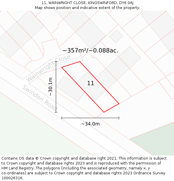 11, WAINWRIGHT CLOSE, KINGSWINFORD, DY6 0AJ: Plot and title map