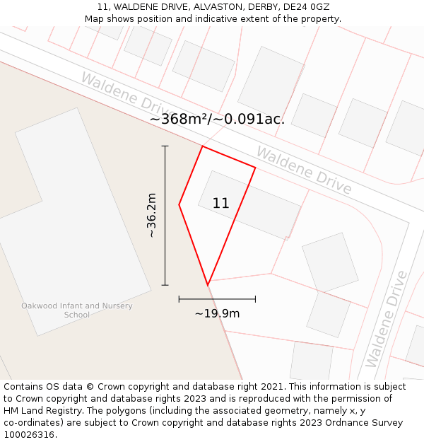 11, WALDENE DRIVE, ALVASTON, DERBY, DE24 0GZ: Plot and title map