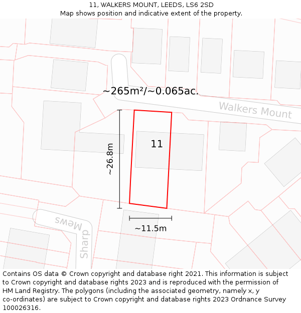 11, WALKERS MOUNT, LEEDS, LS6 2SD: Plot and title map
