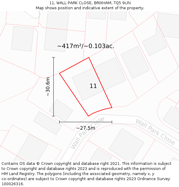 11, WALL PARK CLOSE, BRIXHAM, TQ5 9UN: Plot and title map