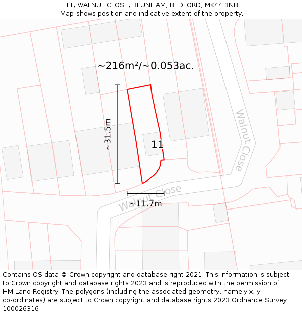 11, WALNUT CLOSE, BLUNHAM, BEDFORD, MK44 3NB: Plot and title map