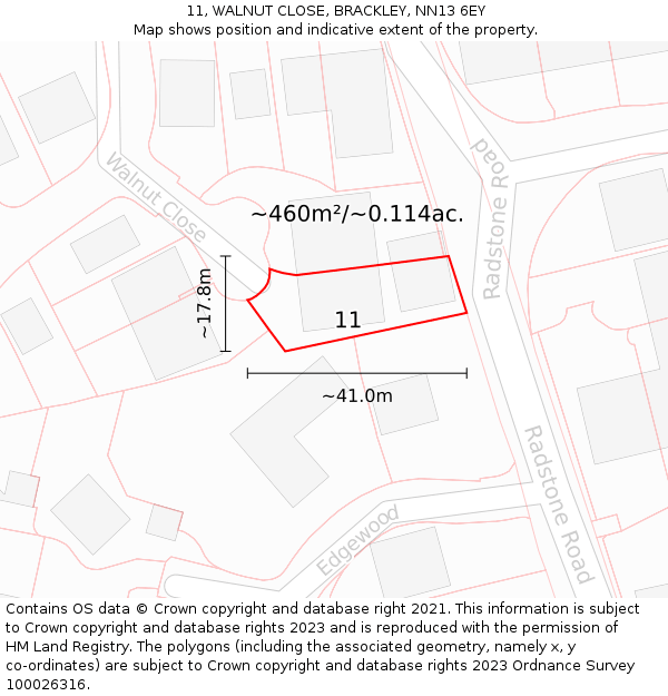 11, WALNUT CLOSE, BRACKLEY, NN13 6EY: Plot and title map