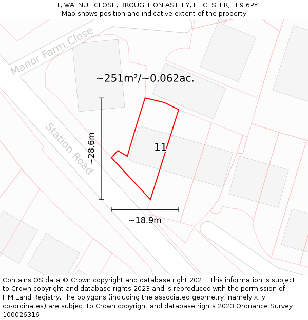 11, WALNUT CLOSE, BROUGHTON ASTLEY, LEICESTER, LE9 6PY: Plot and title map