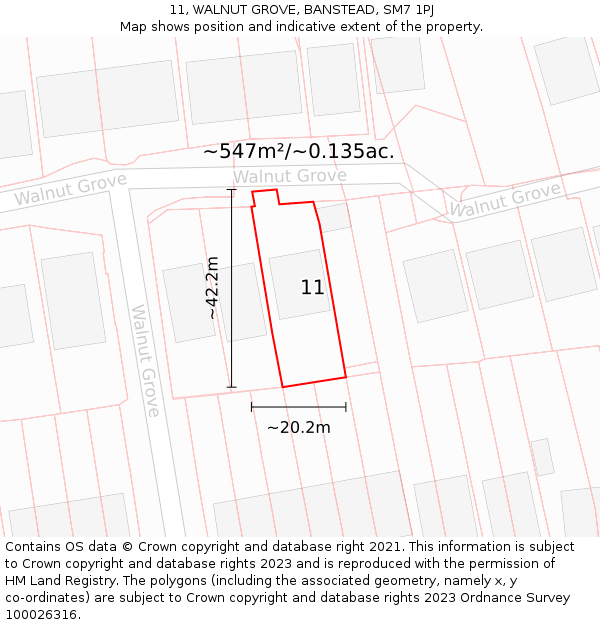 11, WALNUT GROVE, BANSTEAD, SM7 1PJ: Plot and title map