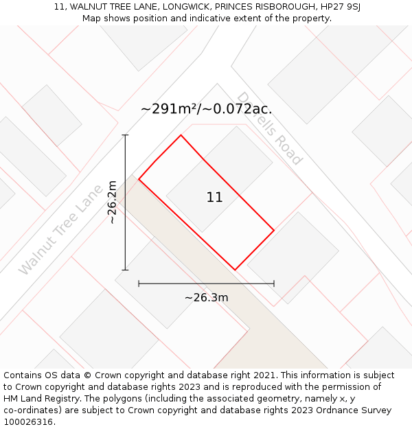 11, WALNUT TREE LANE, LONGWICK, PRINCES RISBOROUGH, HP27 9SJ: Plot and title map