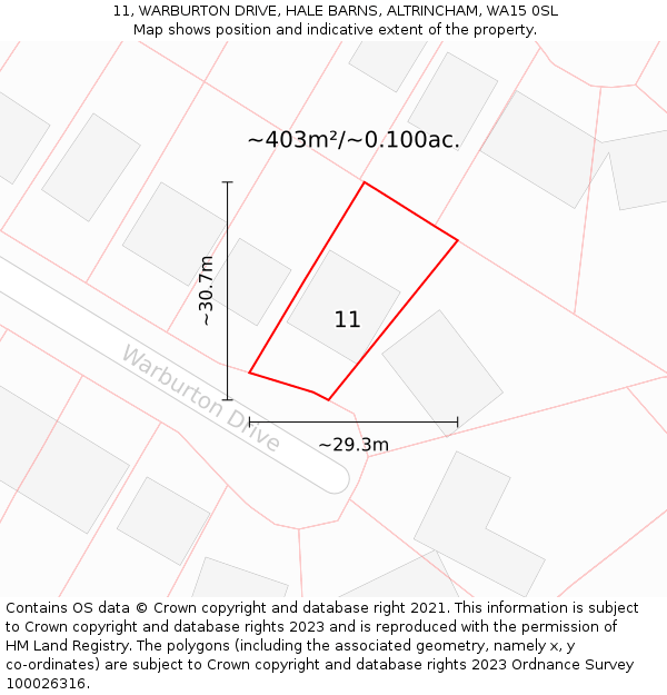 11, WARBURTON DRIVE, HALE BARNS, ALTRINCHAM, WA15 0SL: Plot and title map