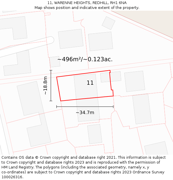 11, WARENNE HEIGHTS, REDHILL, RH1 6NA: Plot and title map