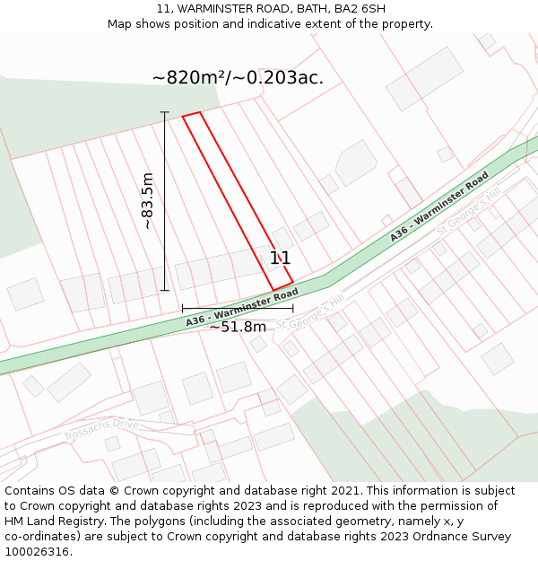 11, WARMINSTER ROAD, BATH, BA2 6SH: Plot and title map