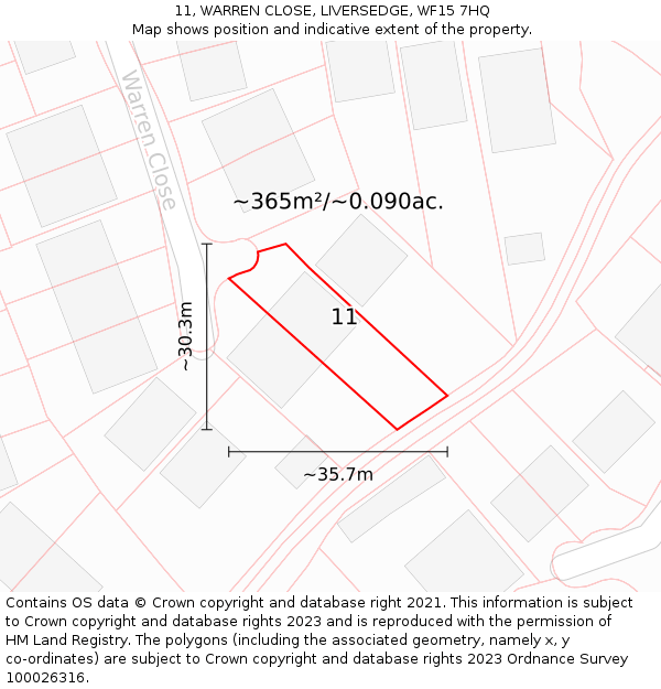 11, WARREN CLOSE, LIVERSEDGE, WF15 7HQ: Plot and title map