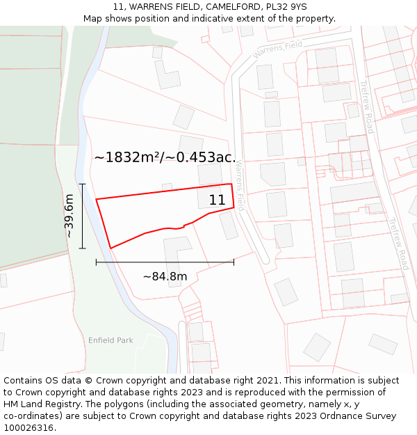 11, WARRENS FIELD, CAMELFORD, PL32 9YS: Plot and title map