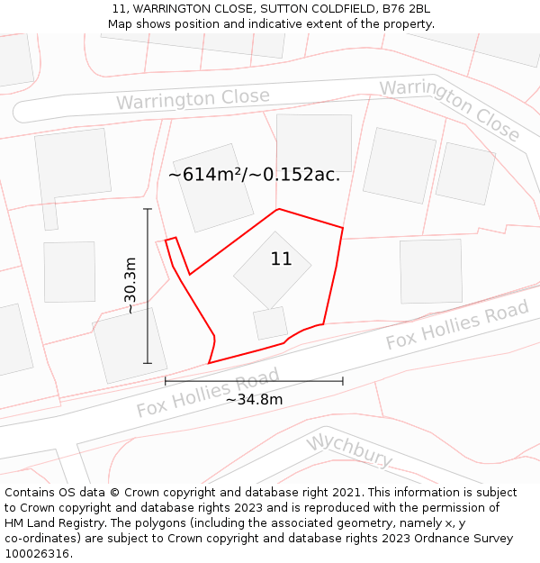 11, WARRINGTON CLOSE, SUTTON COLDFIELD, B76 2BL: Plot and title map