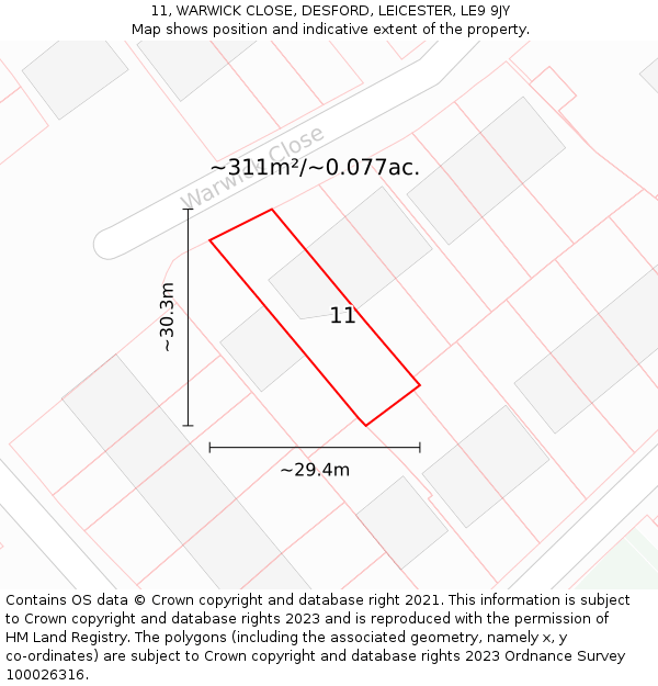11, WARWICK CLOSE, DESFORD, LEICESTER, LE9 9JY: Plot and title map