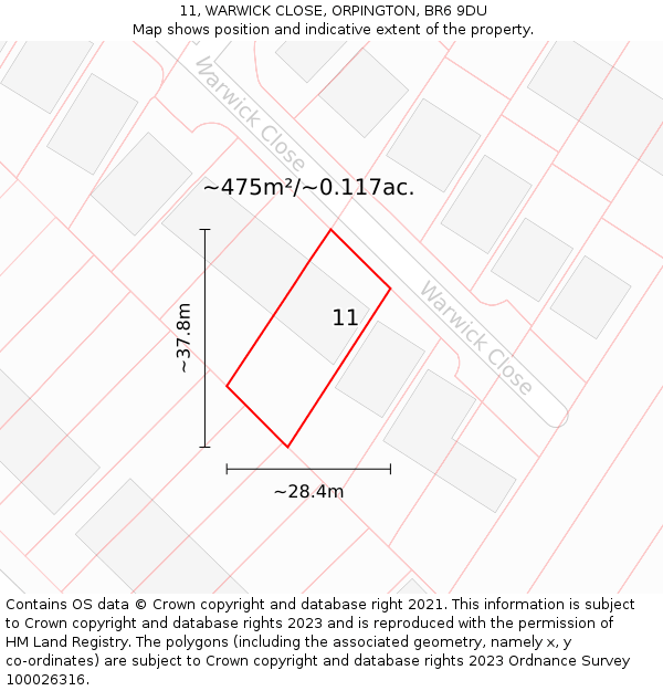 11, WARWICK CLOSE, ORPINGTON, BR6 9DU: Plot and title map