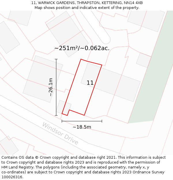 11, WARWICK GARDENS, THRAPSTON, KETTERING, NN14 4XB: Plot and title map