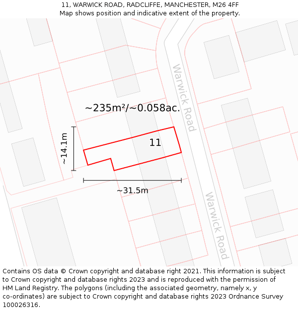 11, WARWICK ROAD, RADCLIFFE, MANCHESTER, M26 4FF: Plot and title map