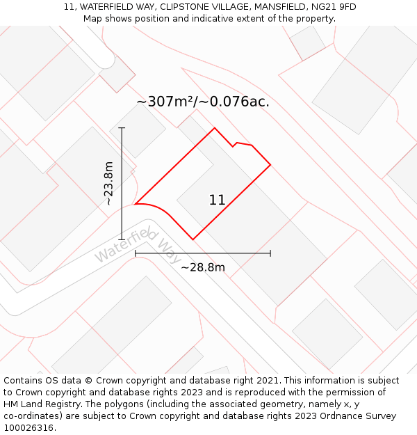 11, WATERFIELD WAY, CLIPSTONE VILLAGE, MANSFIELD, NG21 9FD: Plot and title map