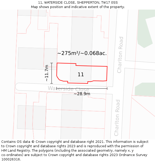 11, WATERSIDE CLOSE, SHEPPERTON, TW17 0SS: Plot and title map
