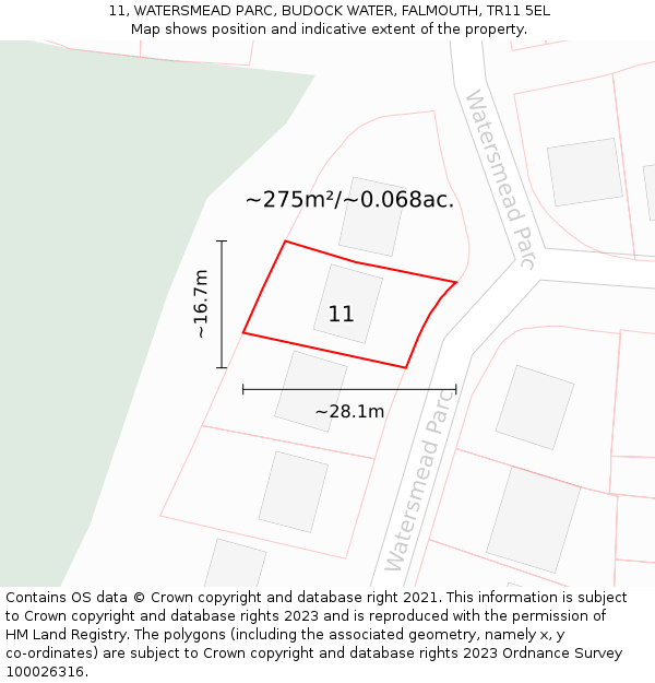 11, WATERSMEAD PARC, BUDOCK WATER, FALMOUTH, TR11 5EL: Plot and title map