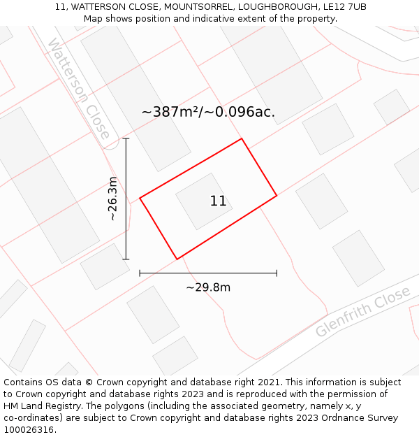 11, WATTERSON CLOSE, MOUNTSORREL, LOUGHBOROUGH, LE12 7UB: Plot and title map