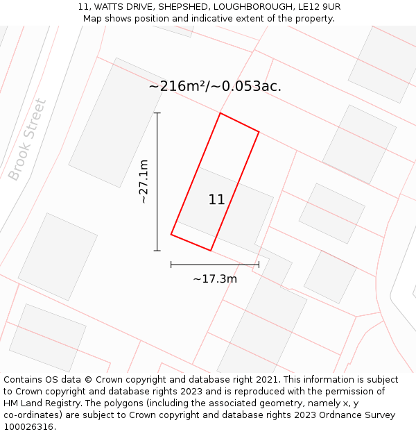 11, WATTS DRIVE, SHEPSHED, LOUGHBOROUGH, LE12 9UR: Plot and title map