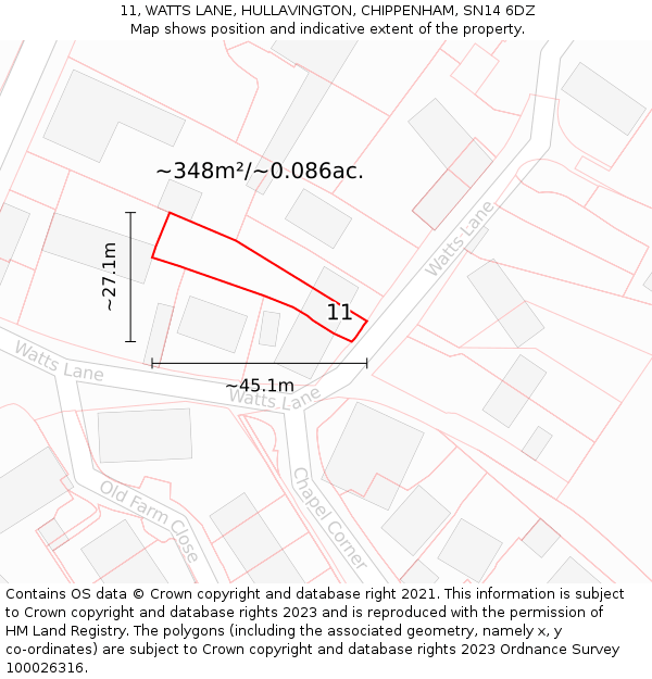 11, WATTS LANE, HULLAVINGTON, CHIPPENHAM, SN14 6DZ: Plot and title map