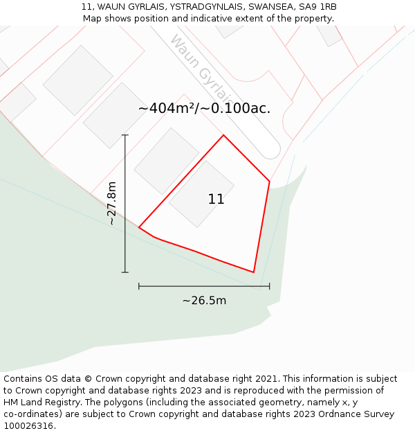 11, WAUN GYRLAIS, YSTRADGYNLAIS, SWANSEA, SA9 1RB: Plot and title map