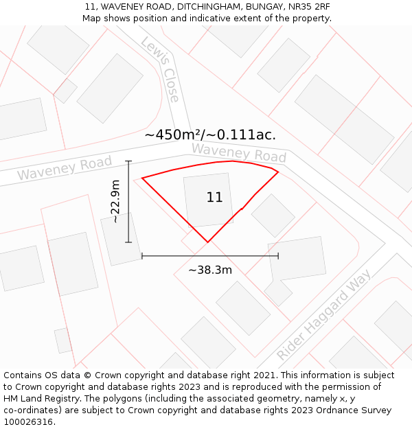 11, WAVENEY ROAD, DITCHINGHAM, BUNGAY, NR35 2RF: Plot and title map