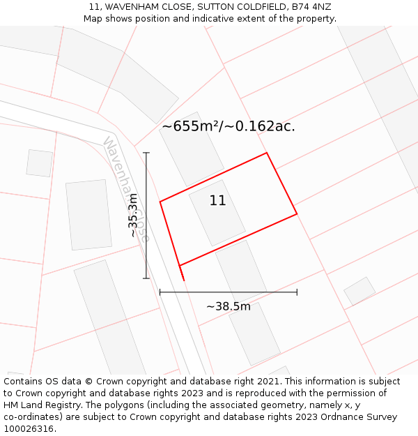 11, WAVENHAM CLOSE, SUTTON COLDFIELD, B74 4NZ: Plot and title map
