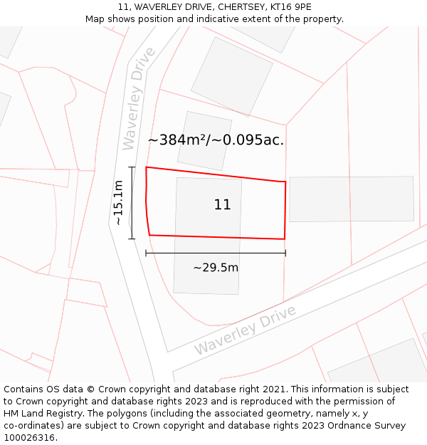 11, WAVERLEY DRIVE, CHERTSEY, KT16 9PE: Plot and title map