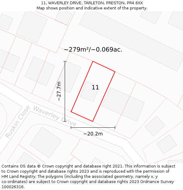 11, WAVERLEY DRIVE, TARLETON, PRESTON, PR4 6XX: Plot and title map