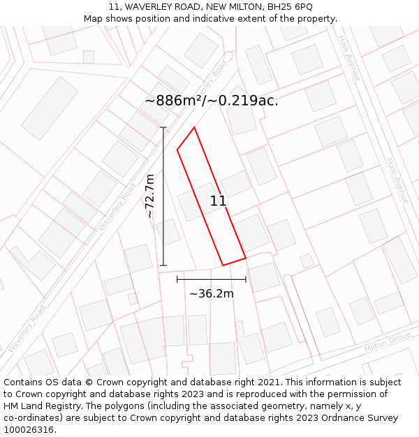 11, WAVERLEY ROAD, NEW MILTON, BH25 6PQ: Plot and title map