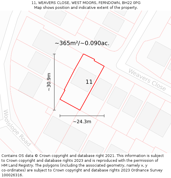 11, WEAVERS CLOSE, WEST MOORS, FERNDOWN, BH22 0PG: Plot and title map