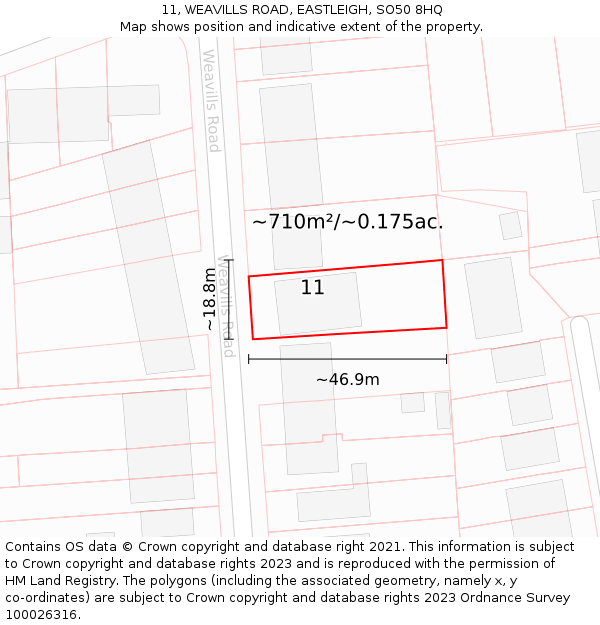 11, WEAVILLS ROAD, EASTLEIGH, SO50 8HQ: Plot and title map