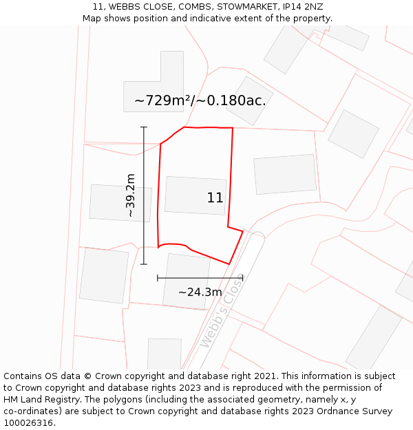 11, WEBBS CLOSE, COMBS, STOWMARKET, IP14 2NZ: Plot and title map