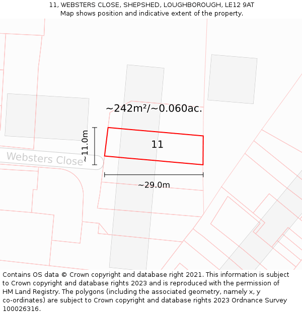 11, WEBSTERS CLOSE, SHEPSHED, LOUGHBOROUGH, LE12 9AT: Plot and title map