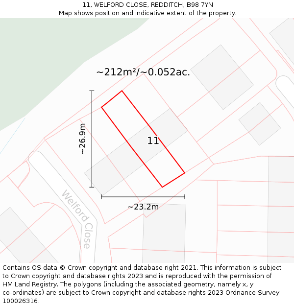 11, WELFORD CLOSE, REDDITCH, B98 7YN: Plot and title map