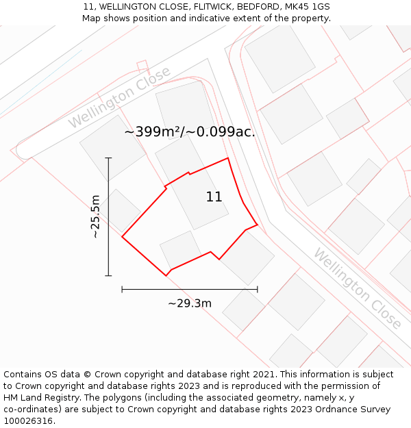 11, WELLINGTON CLOSE, FLITWICK, BEDFORD, MK45 1GS: Plot and title map